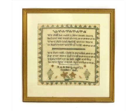 A Victorian needlework sampler, worked by M.A.M Morris, aged 9, dated 1841, 32 x 32cm