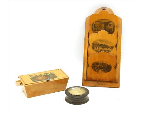 An early Tunbridgeware sewing basket , the hinged cover painted with a Chinese servant serving a lady in a pleasure garden, 1