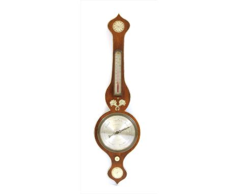 A Victorian rosewood wheel barometer, with ivory inlay, the silvered dial inscribed 'J.C. Worboys, Ashwell, Baldock', 94cm hi