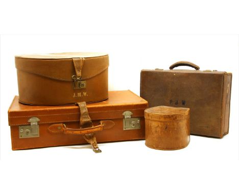 Two vintage suitcases , together with a vintage hat box and contents and a vintage collar box and collars