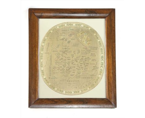 A map sampler of England and Wales , embroidered with a floral border, delineated with the counties, in a rosewood frame 50cm