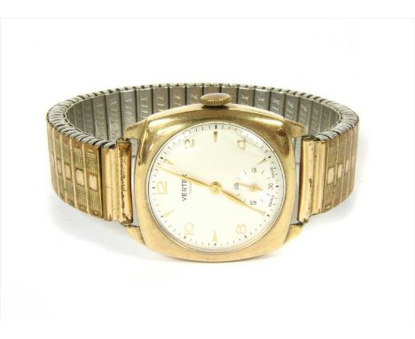 A 9ct gold Vertex Revue mechanical bracelet watch, c.1950, cushion shaped case, 31mm in diameter, with silvered dial, alterna