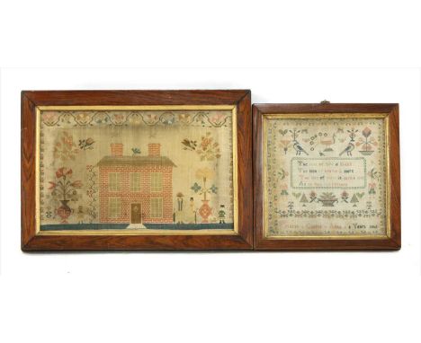 A verse sampler , by KET URAH COOPER, aged 8 years 1863, 26cm x 25cm and another horse sampler, 26cm x 42cm, both the rosewoo