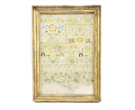 An embroidered sampler , late 17th century, with bands of flowers and thistles, the central bound with boxers all above an al