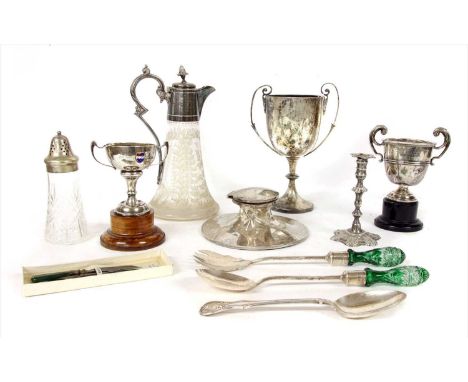 Silver and silver plated items : Three silver trophies, two on stands, a capstan inkwell (creased) modern taper stick, Birmin