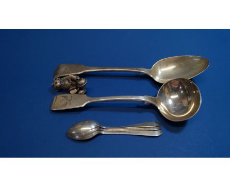 A William IV silver fiddle pattern sauce ladle, by William Eaton, London 1836; together with a silver table spoon; three silv