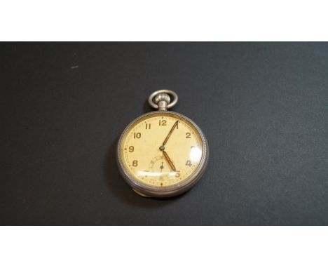 A WWII British army pocket watch, the 44mm dial decorated arabic numerals with subsidiary seconds dial, the case stamped with