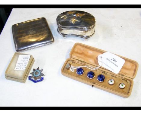 A small RAF brooch, kidney shaped silver trinket box, etc. 