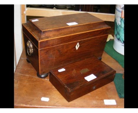 A 19th century tea caddy, together with a cased set of technical drawing instruments  