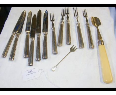 A silver Stilton scoop, together with other flatware 