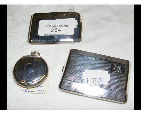 A small silver calling card case, together with one other and a silver snuff box 