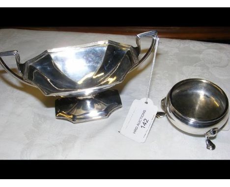 Silver two handled bonbon dish with London hallmark, together with a silver table salt 