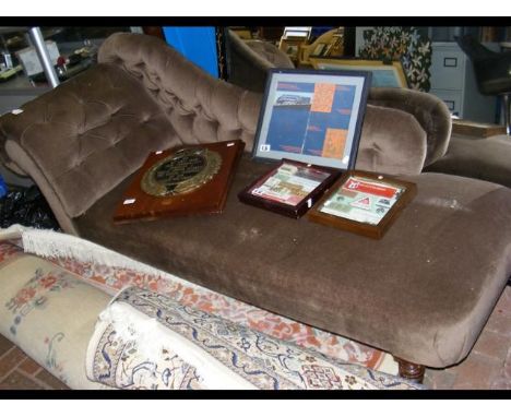 A Victorian single end chaise longue upholstered in light brown 