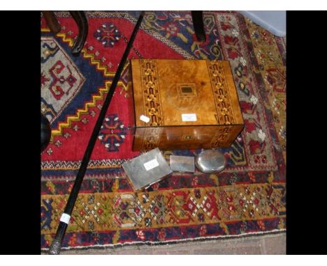 An inlaid work box, together with silver cigarette case, walking stick, etc. 