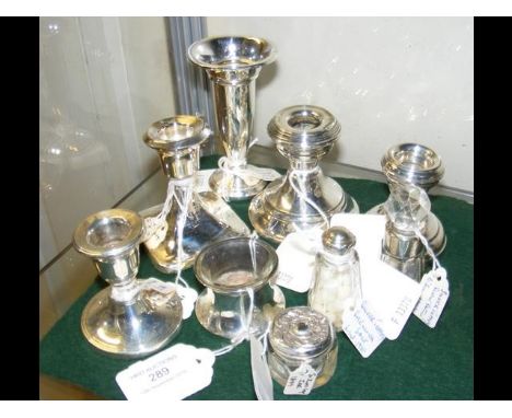 Selection of silver items, including candlesticks, scent bottle 
