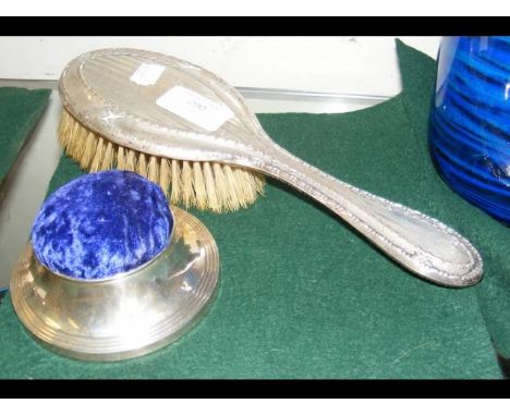 Silver back dressing table brush, together with a silver pin cushion 