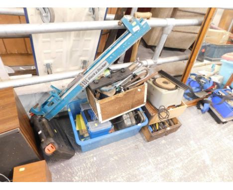 A quantity of tools to include a D994 Black and Decker drill, layered attachment, etc.