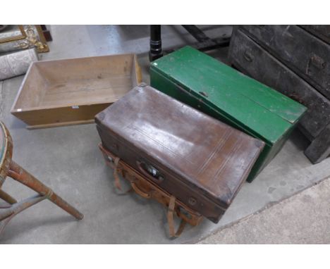 A Victorian painted pine tool chest, pine trough and two vintage leather suitcases 