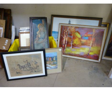 Assorted prints and paintings, including a Rowlandson coaching print 