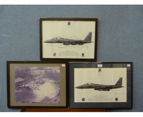 An aviation print, Statue of Liberty Wing, 48th Fighter Wing, RAF Lakenheath, Suffolk, bearing signatures and two other aviat
