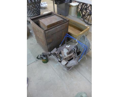 Assorted vintage cobbler's lasts, oil can, flat irons, etc. 
