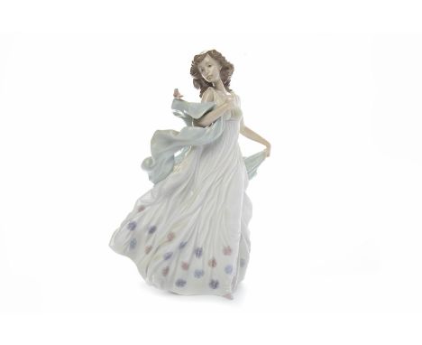 MODERN LLADRO FIGURE OF SUMMER SERENADEmodelled as a young girl in long dress and stole with bird seated on her arm, blue pri