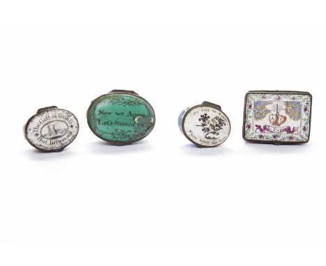 FOUR LATE 18TH/EARLY 19TH CENTURY BILSTON ENAMEL PATCH BOXESdecorated with sentimental sayings, lovebirds and couples, includ