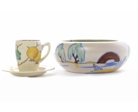 CLARICE CLIFF BIZARRE GLORIA BRIDGE PATTERN BOWLhand painted under glazed scene in mint, blue, brown and yellow, black Bizarr