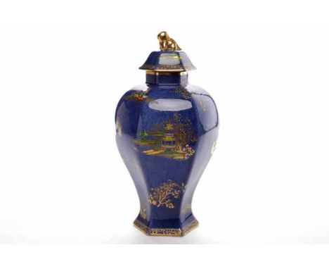 CARLTONWARE HEXAGONAL BALLUSTER VASEwith gilt decoration on a blue ground depicting Chinese temple and figural scenes, gilt f