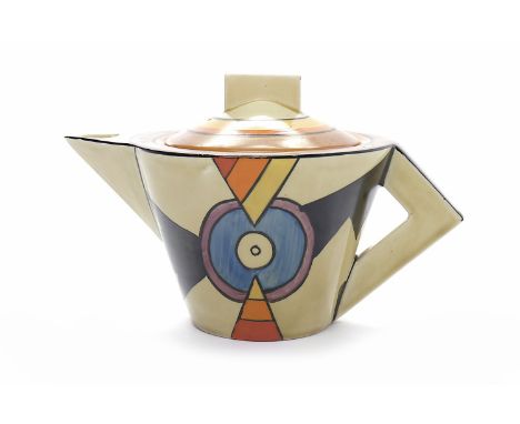 CLARICE CLIFF BIZARRE LIGHTENING PATTERN CONIAL TEAPOTwith triangular spout and handle, square finial to cover, with black pr
