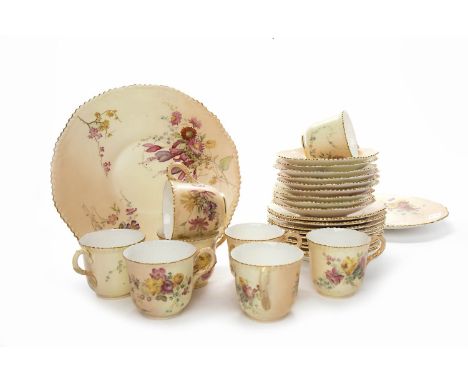 LATE VICTORIAN ROYAL WORCESTER FLORAL IVORY BLUSH PORCELAIN TEA SERVICEcomprising eight cups, eight saucers, eight side plate