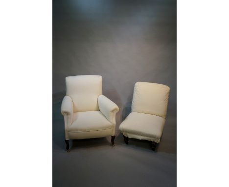 A Victorian nursing chair on turned legs fitted ceramic castors; an upholstered armchair on squat cabriole legs (2) 