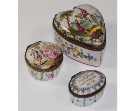 An early 19th Century English enamel patch box, the hinged lid inscribed "This Trifle Pleads My Constant Love" within geometr
