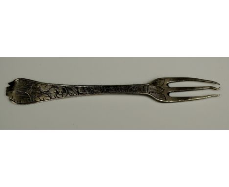 A trefid topped miniature fork with tapered stem the front foliate and mask engraved the reverse with cartouche initialled AR