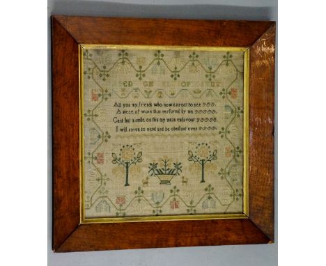 A George IV needlework sampler worked with alphabet and verse, inscribed "Elizabeth Lane, 1829", floral worked border, gilt s