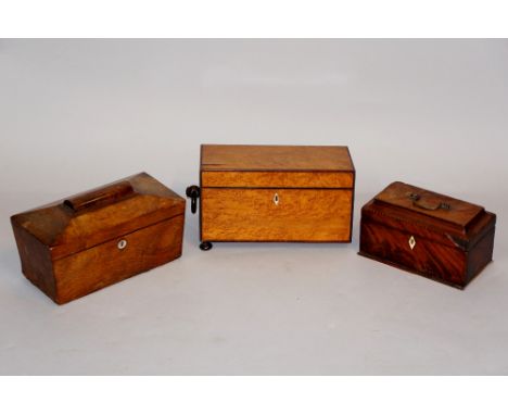 A Regency birds eye maple tea caddy outlined with rosewood stringing, navette-shaped ivory keyplate, 32 cm wide, 16 cm deep, 