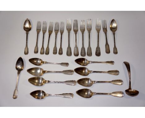 A quantity of Continental Fiddle and Thread pattern table cutlery comprising five tablespoons, five table forks, six dessert 