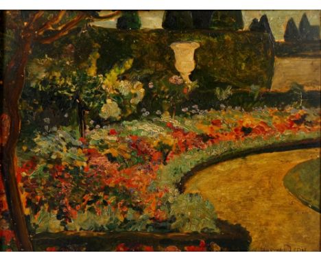 Claudius Denis, French (1878-1947)- garden border with urn, oil on board, signed lower right, 26 cm x 34 cm, framed