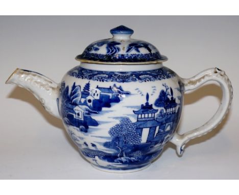 A Chinese export porcelain bullet-shaped teapot and cover with scroll and serpent moulded handle and spout the body painted i