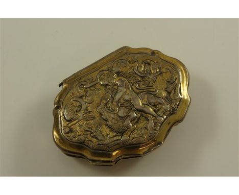 A mid 18th Century silver gilt snuff box of shaped oval form the hinged lid decorated with Hercules and the Nemaean lion with