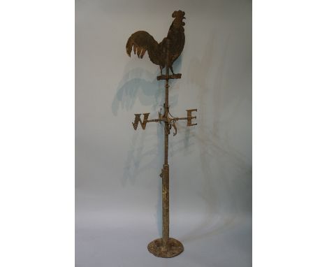 A Victorian weather vane with cockerel terminal above wrought iron North, South, East and West, 150 cm high, cockerel 36 cm w