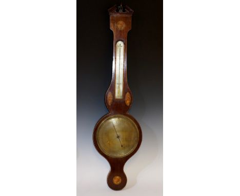 A George III mahogany barometer outlined throughout with boxwood and ebony stringing the architectural pediment centred on an