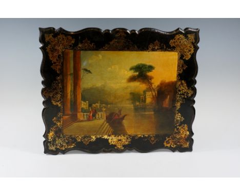 A Victorian papier maché shaped rectangular table top or fire screen banner finely painted with figures on a balcony overlook