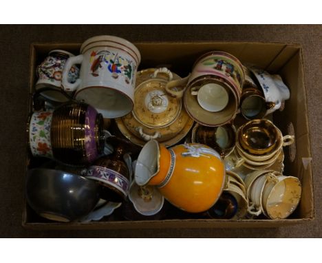 A quantity of miscellaneous pottery and porcelain including Staffordshire pottery mugs, copper lustre ware, Staffordshire par