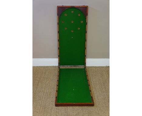 A 19th Century mahogany bagatelle of conventional design the folding case with green baize lined interior, 215 cm long overal