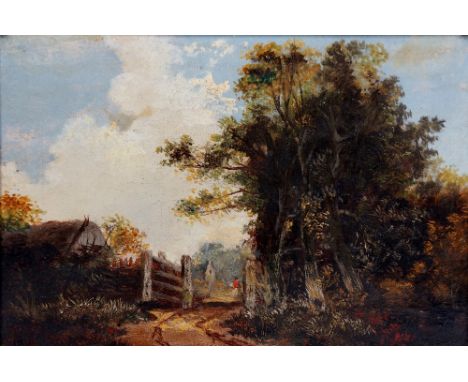 English School, late 19th Century - The Country Lane, a cloudy summer landscape with thatched cottage and gate, oil on canvas