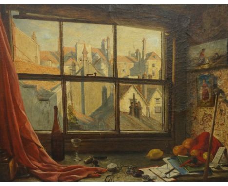 W. H. Woods - View from the Artist's Studio, with streets beyond, artist's pictures and mahl stick with bottle, glass, fob wa