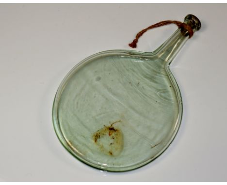 A 19th Century flattened glass flask, 17.5 cm long overall