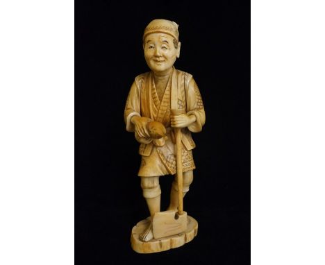 A Japanese ivory figure of a wood cutter with a guard flask, an axe at his feet holding a gourd in his right hand and cup in 