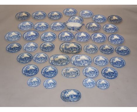 A large quantity of Rogers blue and white pottery, The Ruined Castle pattern by Robert Hamilton, comprising tureen, four shap